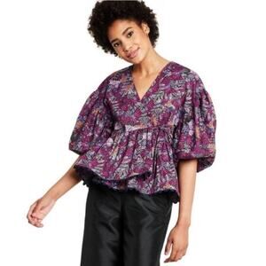 Sz Sm KIKA VARGAS Purple Tropical Print Puff Slvs True Wrap Cotton Peplum Top
